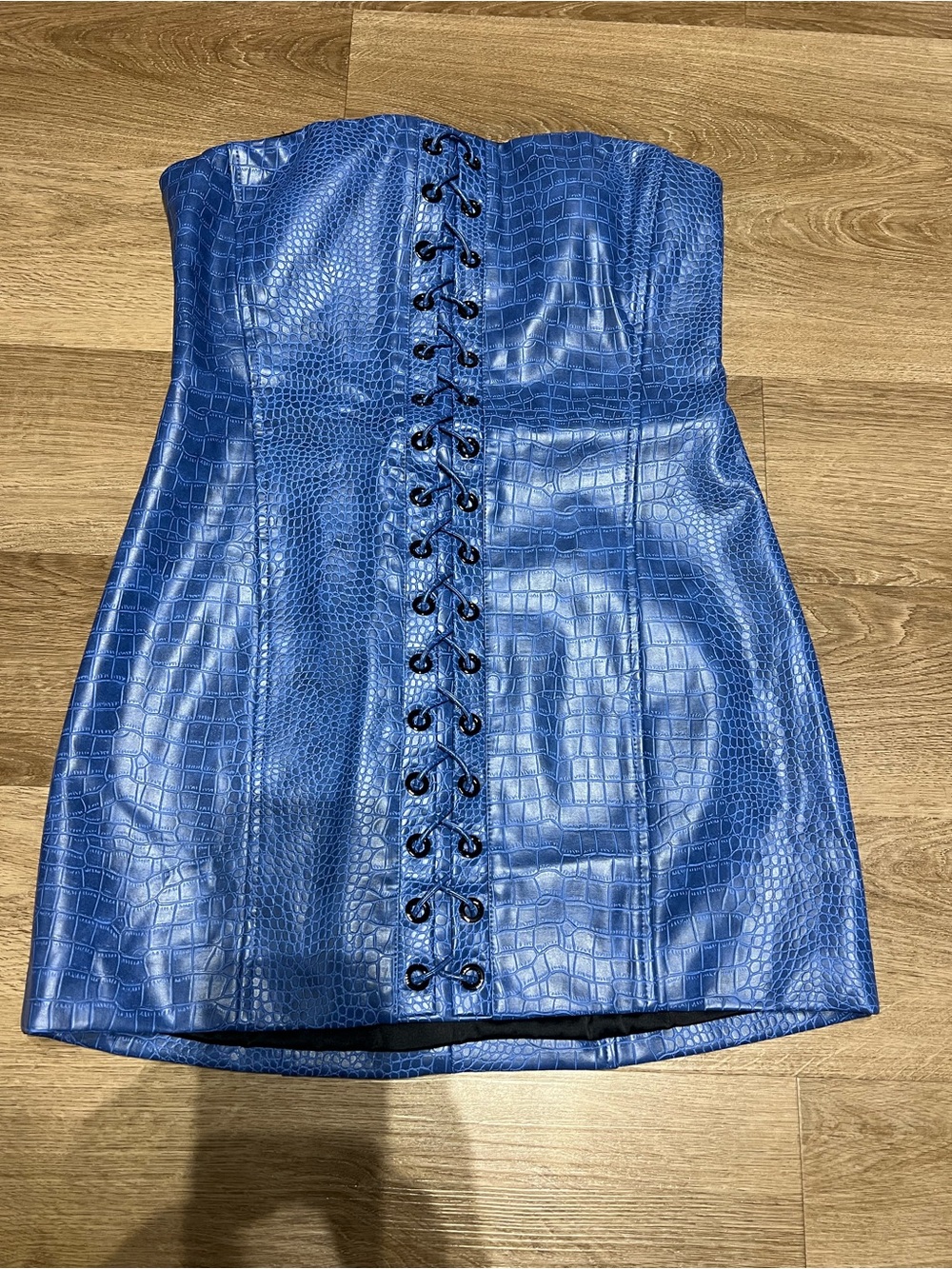naked wardrobe Blue Faux-Croc Lace-Up Strapless Mini dress